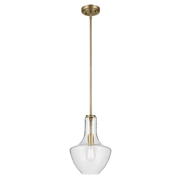 KICHLER Everly 15.25 in. 1-Light Natural Brass Modern Shaded Bell Kitchen Hanging Pendant Light with Clear Seeded Glass