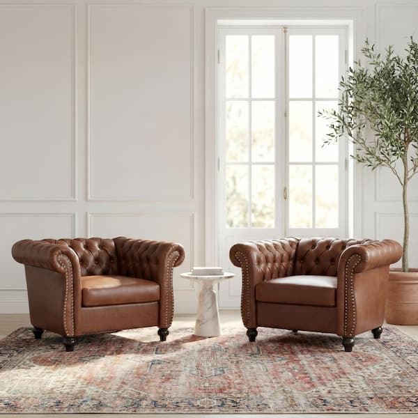 Silverdale Cognac Brown Faux Leather Club Chair with Nailhead Trim (Set of 2)