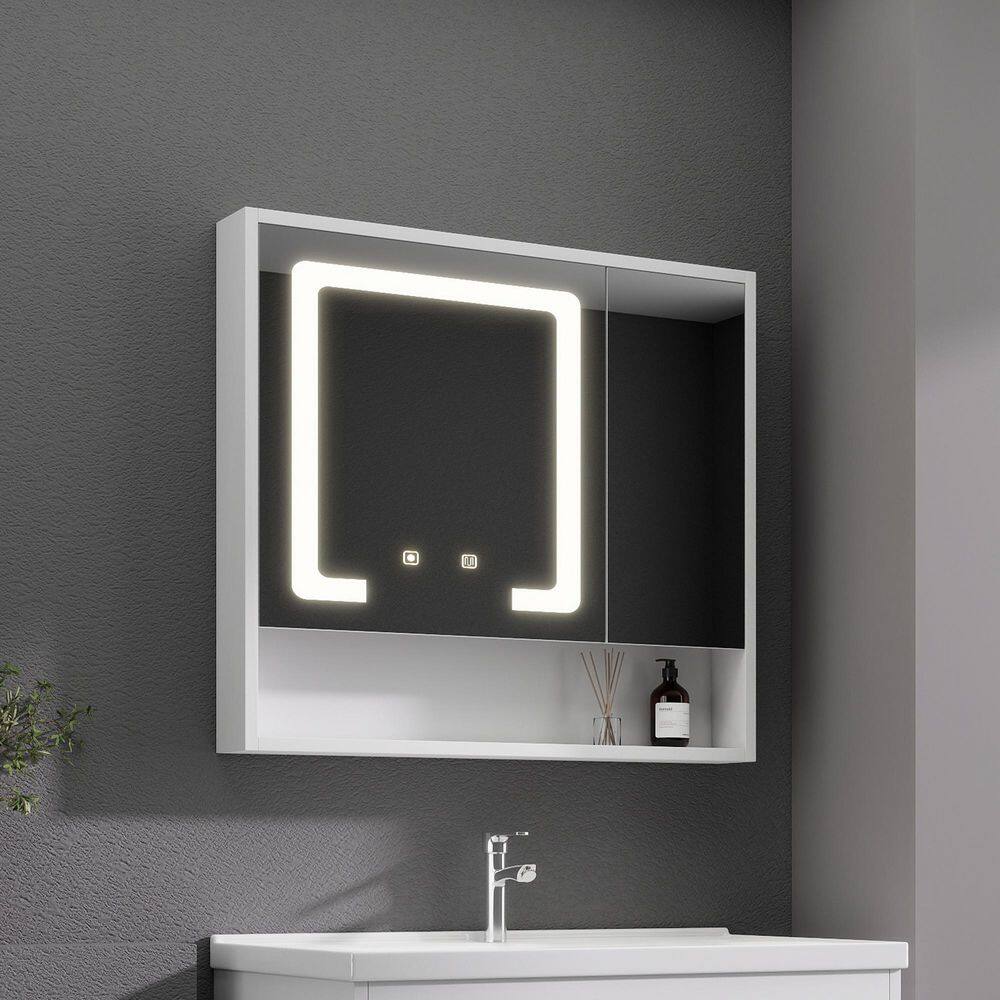 28 in. W x 32.00 in. H White Rectangular Wood Medicine Cabinet with Mirror with 3 Colors LED Light price history on PriceWatchPro