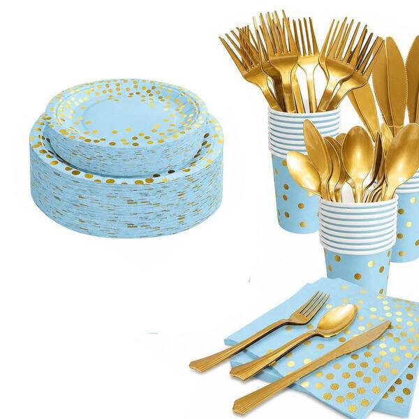 Disposable Party Pack, 175-Piece Light Blue Gold Polka Dot Paper and Plastic, Kitchen Dinnerware Plates Cups Cutlery Set