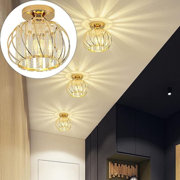 7 in. 1-Light Modern Gold Semi Flush Mount Ceiling Light with Clear Crystal