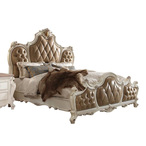 85 in. x 93 in. x 78 in. PU Antique Pearl Wood Frame Poly Resin Upholstery California King Panel Bed