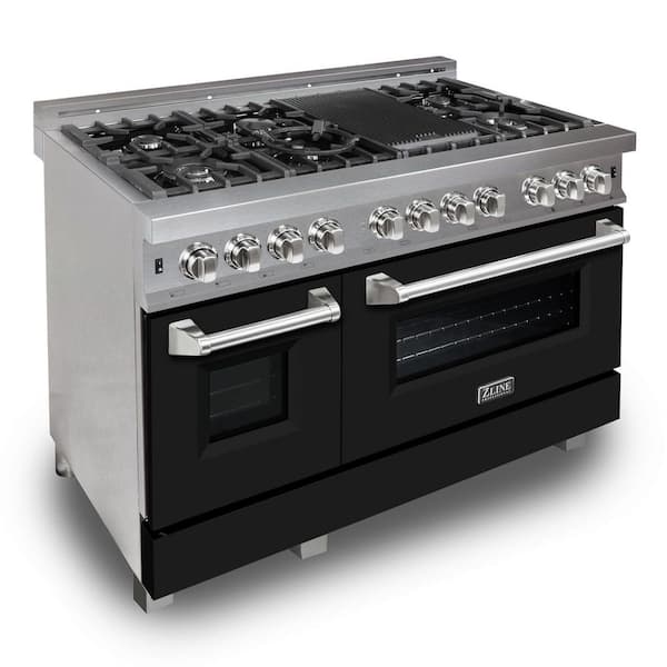 ZLINE Kitchen and Bath 48 in. 7 Burner Double Oven Dual Fuel Range with Black Matte Door in Fingerprint Resistant Stainless Steel