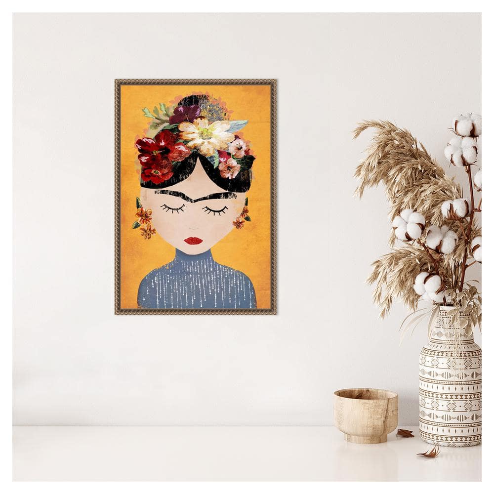 Frida Kahlo Yellow Floral Framed Canvas Wall Art 16 x 23-in