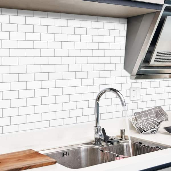 LONGKING 10-Sheet Peel and Stick Backsplash Tile for Kitchen Backsplash,  12x12 inches Off White Subway Tile with Grey Grout 