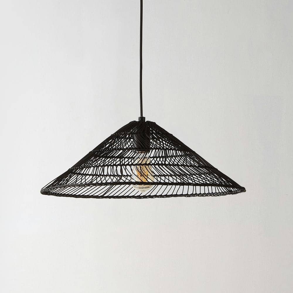 Nova 20.25" Black Rattan Cone LED Pendant with Adjustable Cord