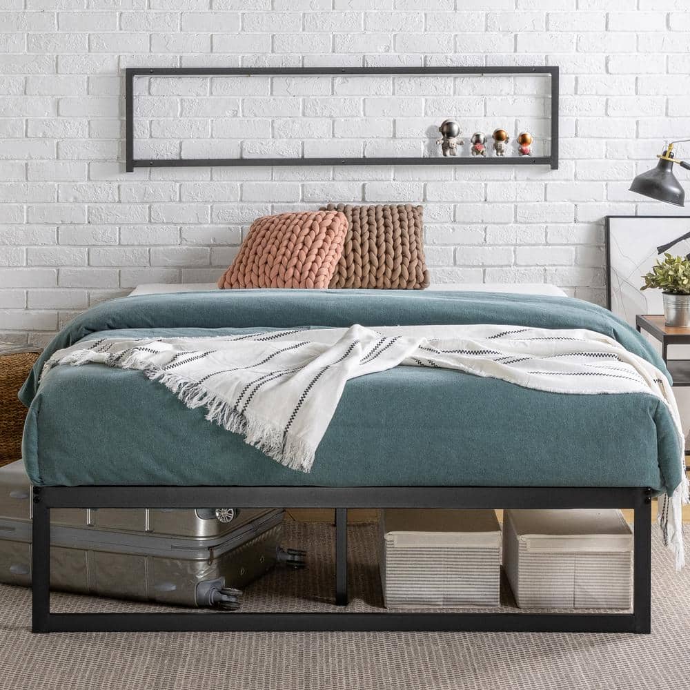 King Black Metal Frame Upholstered Platform Bed with Slats