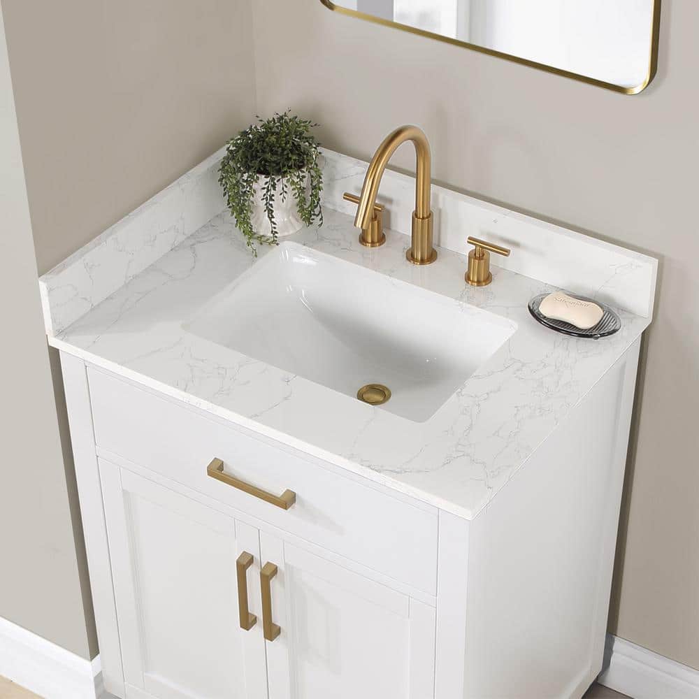 Gavino 30" White Solid Wood Bathroom Vanity with Gold Hardware