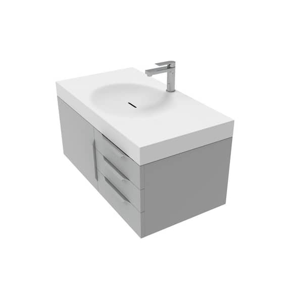 castellousa Thames 36 in. W x 19 in. D x 16.25 H Single Floating Bath Vanity in Matte Gray w Chrome Trim w Solid Surface White Top