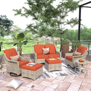 Palffy Gray 6-Piece Wicker Patio Conversation Seating Set with Orange Red Cushions and Swivel Rocking Chairs