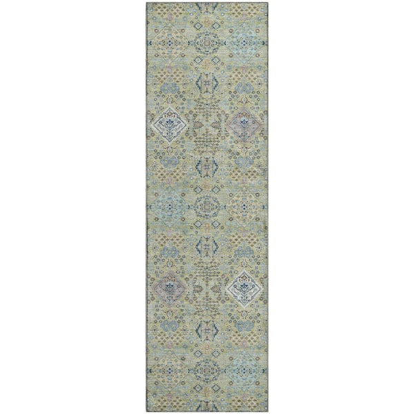 Mayfield Premium Machine Washable Abstract AMF2440 Aloe 2 ft. x 7 ft. Runner Rug