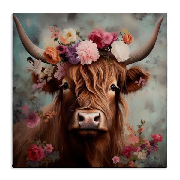 Detailed Floral Highland Cow by Irena Orlov Unframed Graphic Art Print Animal 17 in. x 17 in.