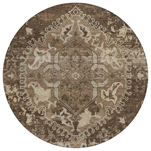Chantille Machine Washable Indoor/Outdoor Abstract ACN3169 Chocolate 8 ft. x 8 ft. Round Rug