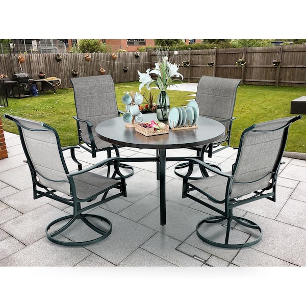 PHI VILLA Black 5-Piece Metal Outdoor Patio Dining Set with Wood-Look Round Table and Padded Textilene Swivel Chairs