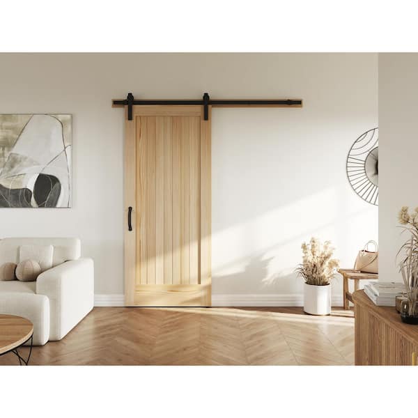 36 in. x 84 in. 1 Panel Plank Wood Pine Interior Sliding Barn Door with Hardware Kit