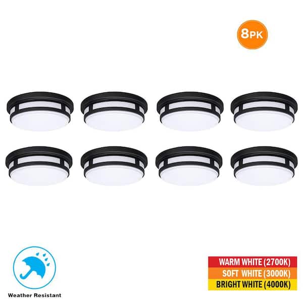 11 in. Round Black Integrated LED Indoor Outdoor Ceiling Light Flush Mount Adjustable CCT 830 Lumens Wet Rated (8-Pack)