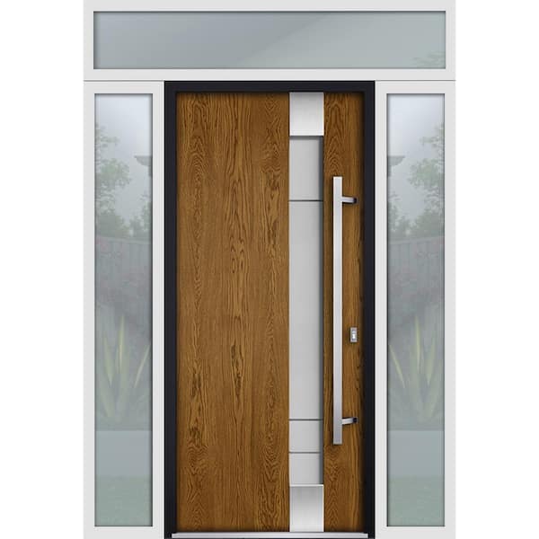 VDOMDOORS 64 in. x 96 in. Left-Hand/Inswing 2 Sidelight Transom Frosted Glass Oak Steel Prehung Front Door with Hardware