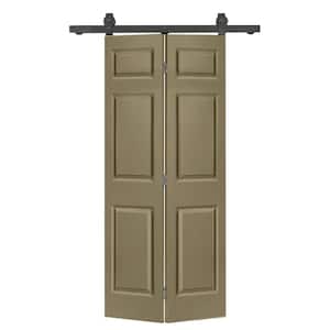 24 in. x 80 in. 6-Panel Olive Green Painted MDF Composite Bi-Fold Barn Door with Sliding Hardware Kit