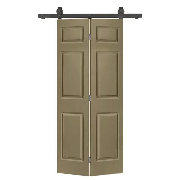 CALHOME 30 in. x 80 in. 6-Panel Olive Green Painted MDF Composite Bi-Fold Barn Door with Sliding Hardware Kit