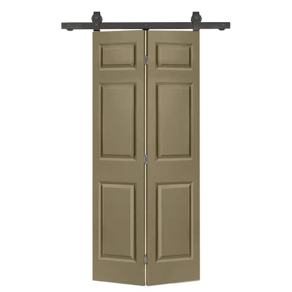 CALHOME 30 in. x 80 in. 6-Panel Olive Green Painted MDF Composite Bi-Fold Barn Door with Sliding Hardware Kit