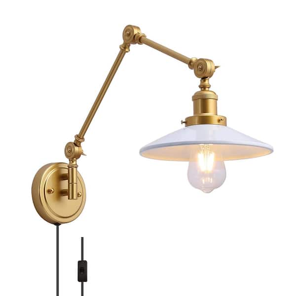Modern 8.6 in. 1 Light Plug in Wall Sconces with White Swing Arm Shade, Farmhouse Extend Reading Wall Lamp with Switch