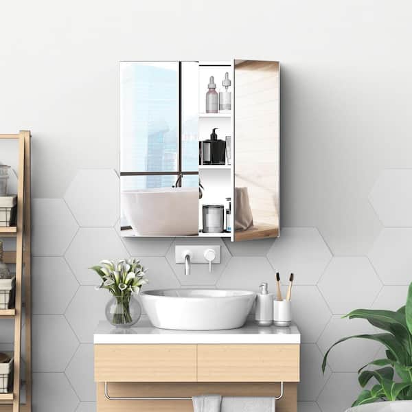 Unbranded Silver 24 in. W x 26 in. H Rectangular Stainless Steel Frame Bathroom Wall-Mounted Mirror with Double Doors and Cabinet