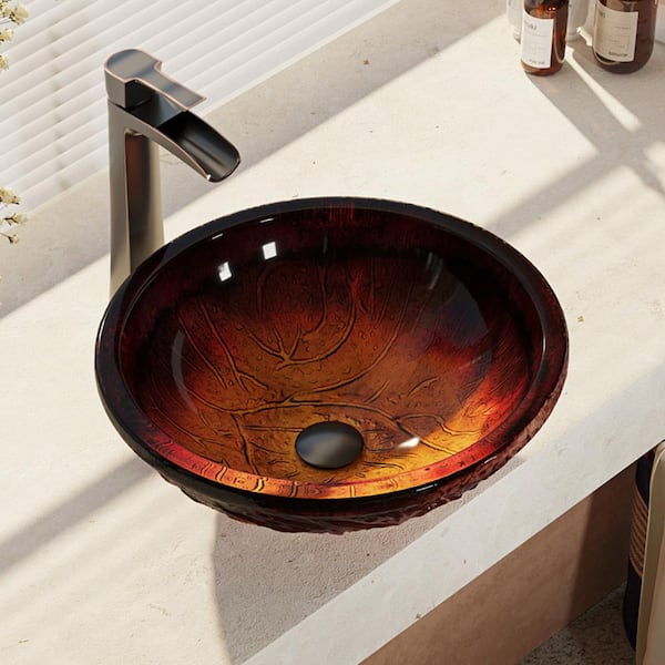 Rene Glass Vessel Sink in Fiery Red with R9-7007 Faucet and Pop-Up Drain in Antique Bronze