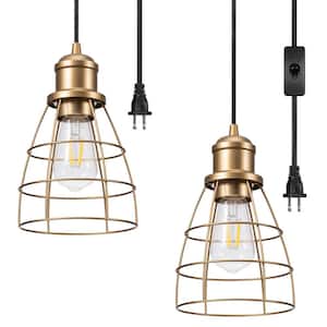 60-Watt 1-Light Farmhouse Shaded Pendant Light with Gold Cage Shade, No Bulbs Included (2-Pack)