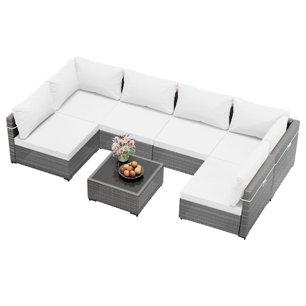7-piece Wicker Sectional Seating Group with White cushions