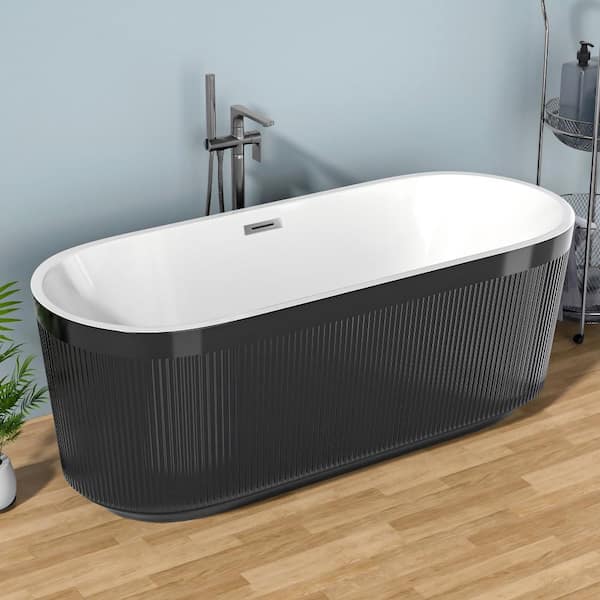 67 in. x 31 in. Acrylic Freestanding Soaking Bathtub with Pleated Design, Black with Chrome Overflow and Pop-Up Drain