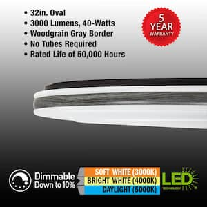 32 in. Oval White with Woodgrain Gray Border LED Flush Mount Ceiling Light 3000 Lumens 3000K 4000K 5000K Dimmable