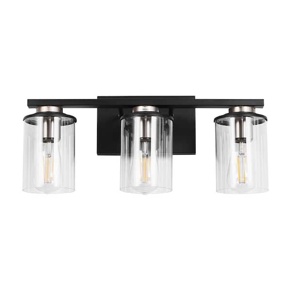 19 in. 3-Light Black Vanity Light with Clear Cylinder Glass Shades Dimmable Wall Fixture for Bathrooms Powder Rooms