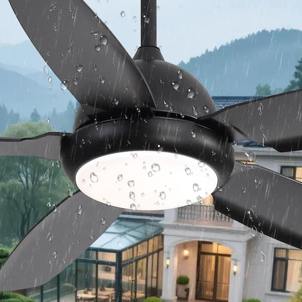 52 in. Outdoor Black Wet-Rated LED Waterproof Downrod Mount Standard Ceiling Fan with Lights and Remote for Patios