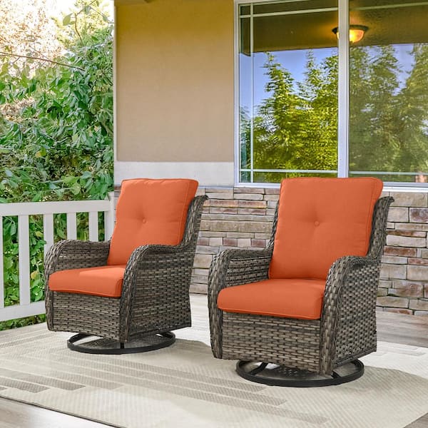 Opohoro Earlo Gray Wicker PE Rattan Outdoor Swivel Rocker Patio Chairs with Olefin Orange Cushions (2-Pack)
