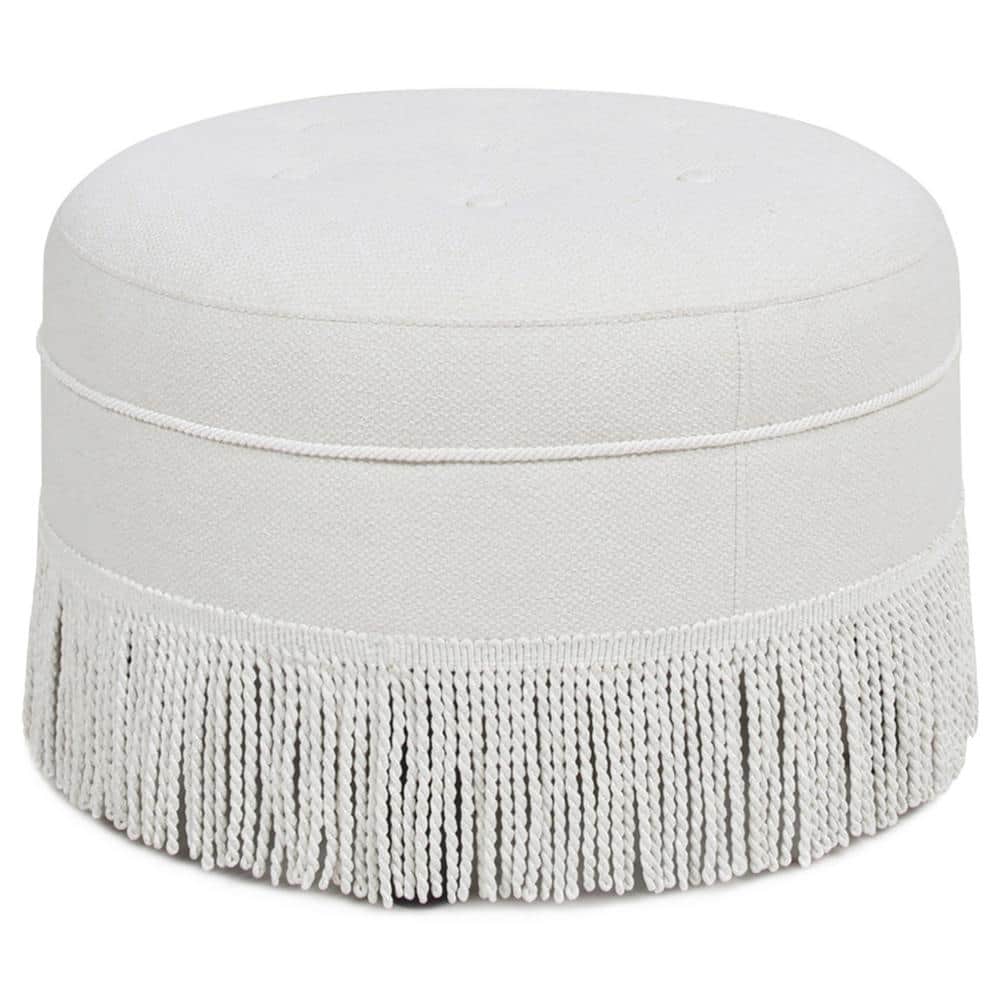 Alabaster Off-White Tufted Round Ottoman with Fringe