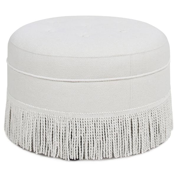 Yoland a Upholstered Round Accent Ottoman, Alabaster Off White Tweed Polyester