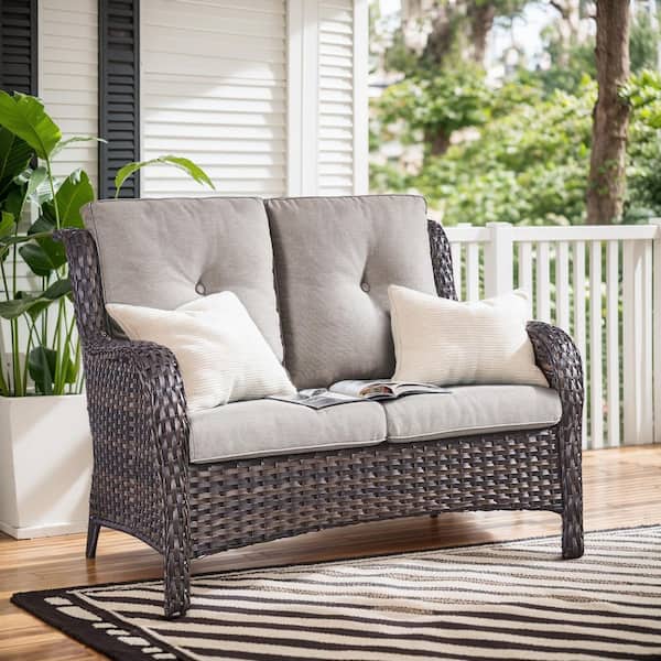 Pocassy 2-Seat Wicker Outdoor Loveseat Sofa Patio with CushionGuard Cushions Brown/Beige