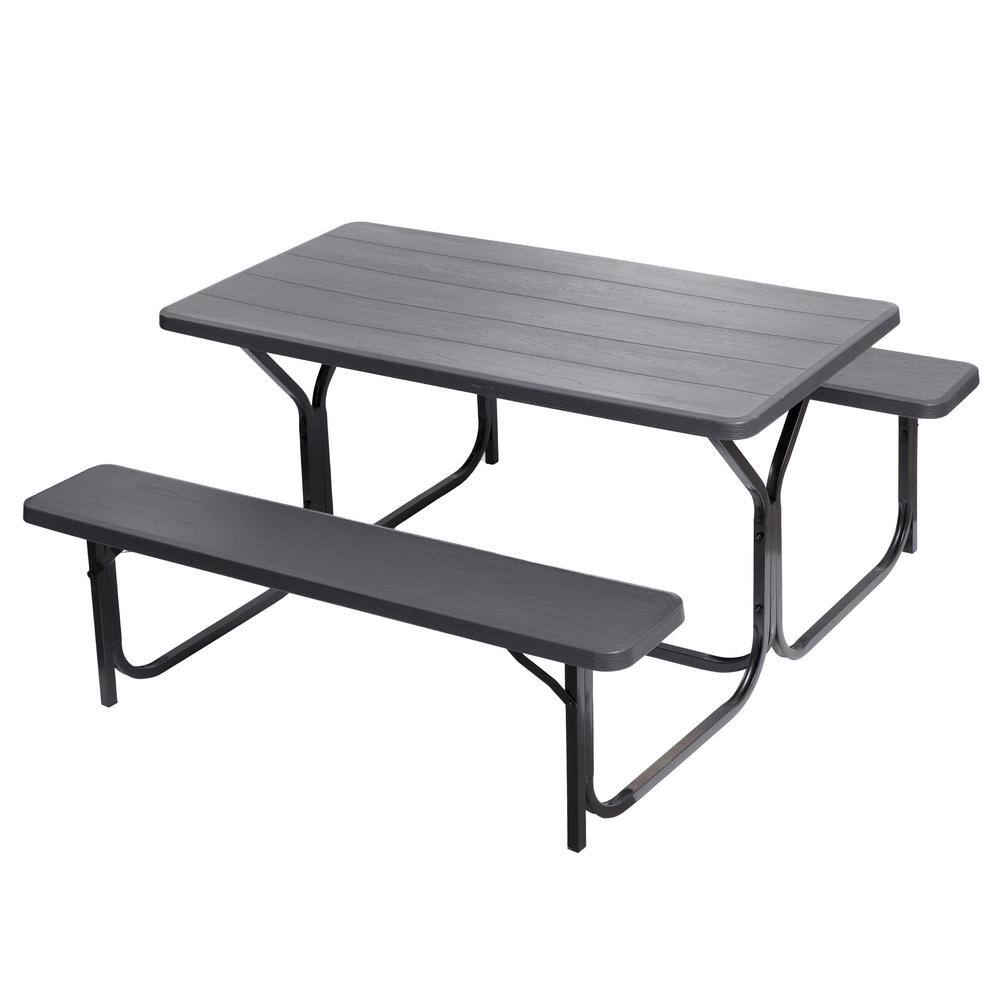 Gray Woodgrain Plastic and Metal Frame Outdoor Picnic Table Set