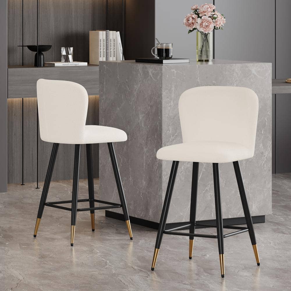 Modern White Upholstered Bar Stools with Gold-Tipped Metal Legs, Set of 2