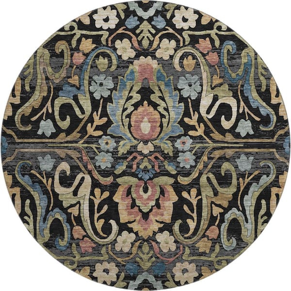 Mayfield Premium Machine Washable Abstract AMF2193 Black 8 ft. x 8 ft. Round Rug