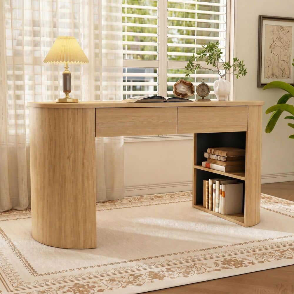 Arvellon Modern 60.3 in. Oval Natural Finish Wood Computer Desk Study Writing Desk with Drawers, Shelves