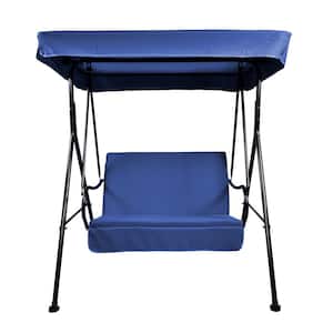 55.91in. W Double Seat Blue Metal Outdoor Porch Swing With Removable Cushion And Convertible Canopy