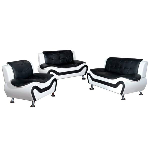 Black Leather Three Piece Sofa Set, Black And White Leather Furniture