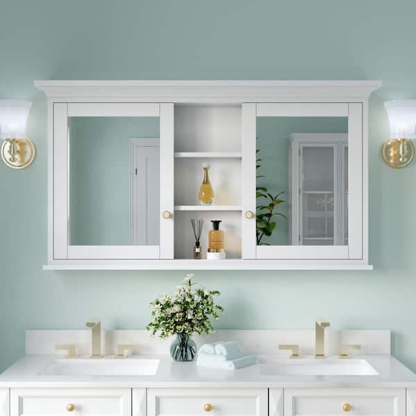 55 in. W x 30 in. H Rectangular Solid Wood Frame Bathroom Medicine Cabinet with Mirror, Soft-Closed Doors, Easy Hang