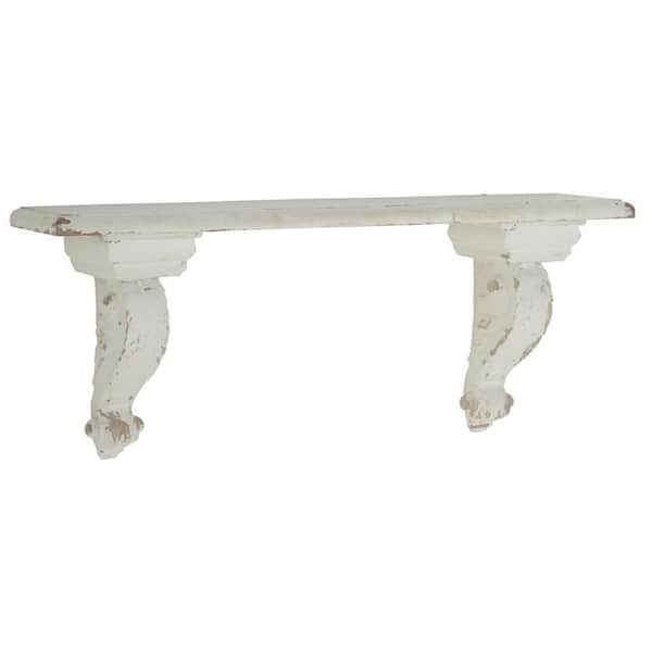 Litton Lane 32 in.  x 14 in. White 1 Shelf Wood Scroll Wall Shelf