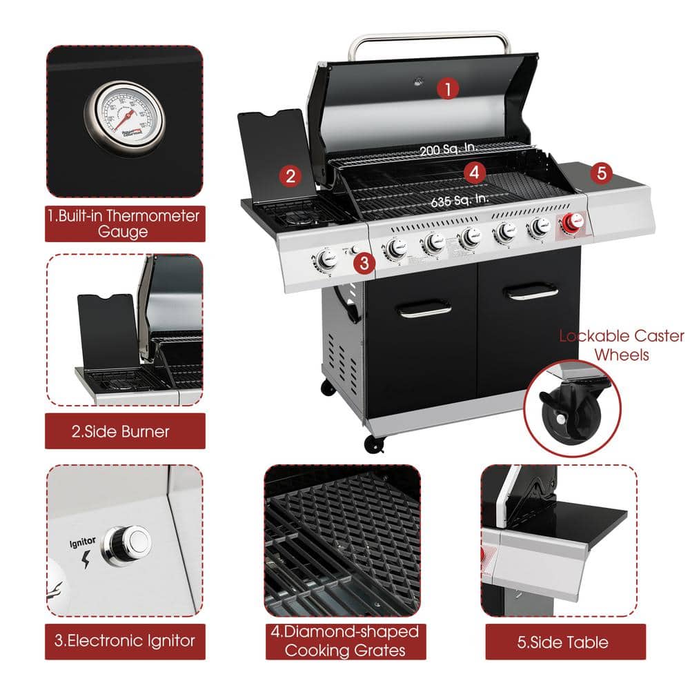Royal Gourmet Black 6-Burner Propane Gas Grill with Side Burner