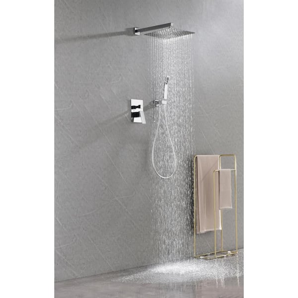 1-Spray Square High Pressure 12 in. Shower Head Brass Wall Bar Shower Kit with Hand Shower in Chrome