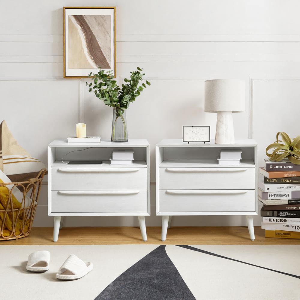 Leslie Mid-Century Modern White 2-Drawer Nightstand with Built-In Outlets (Set of 2) price history on PriceWatchPro