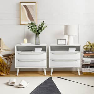 Leslie Mid-Century Modern White 2-Drawer Nightstand with Built-In Outlets (Set of 2)