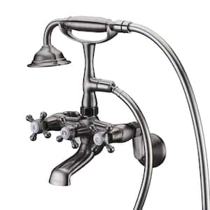 Modern Triple Handle Claw Foot Tub Faucet with Hand Shower in Brushed Nickel